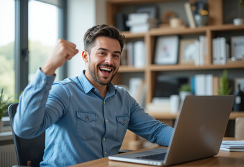 Man, office and celebrate success on laptop, fist pump and excited for promotion or salary increase. Male person, happy and proud of lottery victory or prize winner, online achievement