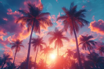 Tropical Palm Trees at Beach with Soft Clouds in Vintage Colors