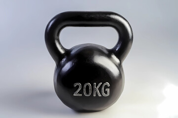 Fototapeta premium Black kettlebell weighing 20 kilograms displayed on a neutral background for fitness enthusiasts and home gym users