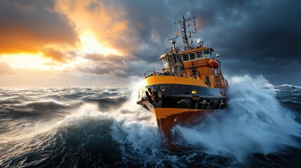 Cargo Vessel Navigating Powerful Storm at Sea   Dramatic Image of Cargo Ship Battling Rough Ocean Waves and Turbulent Weather Conditions During Delivery Journey