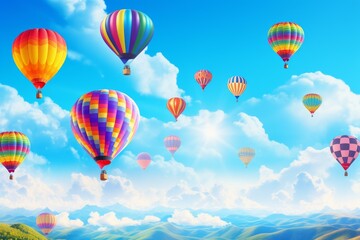 Fototapeta premium Hot air balloons soaring over a picturesque landscape of green hills under a bright blue sky