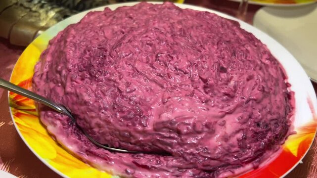 salad Shuba herring under a fur coat with beets Herring Salad with beetroot. High quality 4k footage