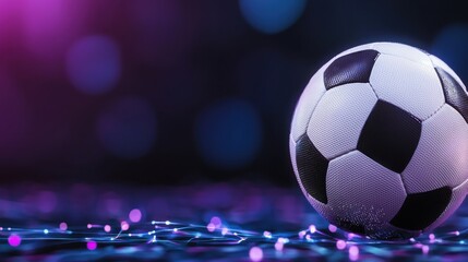 Naklejka premium A soccer ball in motion surrounded by a vibrant display of colorful lights bokeh effects and a blurred dynamic background capturing the energy and excitement of the sport