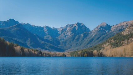 Tranquil mountain range reflected in a calm lake under a clear blue sky surrounded by lush green forests in a serene natural landscape.