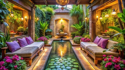 Fototapeta premium Tranquil Garden Oasis with Water Features and Cozy Seating Area