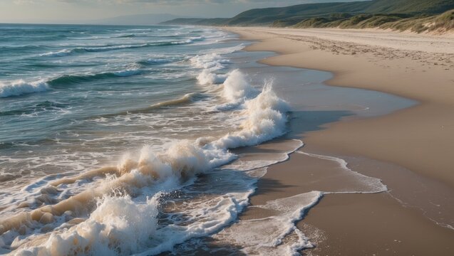 Coastal shorelines with crashing waves and sandy beaches creating a serene recreational environment for relaxation and enjoyment of nature.
