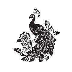 Obraz premium Vector of decorative peacock with floral design in black and white silhouette, elegant folk art pattern. Bird. Wildlife Animals.