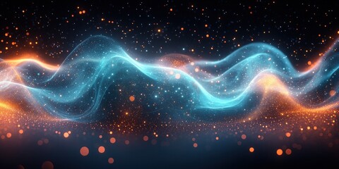 Obraz premium Abstract Wavy Particles Blue Green Dynamic Light Pattern on Black Background