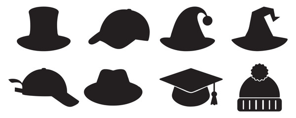 Collection of magician hat, baseball hat, christmas hat, halloween witch hat, cowboy hat, graduation hat, winter hat vector on white background