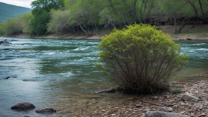 Lush green shrub by a tranquil riverbank surrounded by trees and rocky shoreline in a serene natural landscape.