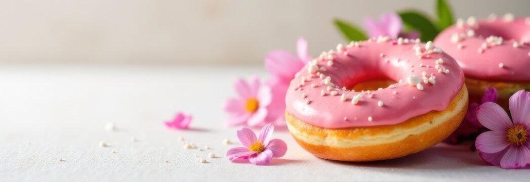 Two pink donuts with white sprinkles lying on white table with cosmos flowers with place for text, copy space.