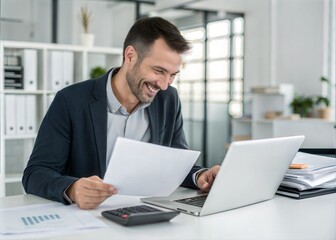 Fototapeta premium Happy Businessman Reviewing Documents on Laptop