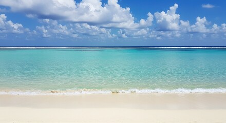 Obraz premium Tropical Beach Paradise Turquoise Water, White Sand, Blue Sky and Clouds, Peaceful Seascape, Idyllic Vacation Destination, Summer Background for Travel and Relaxation Projects.