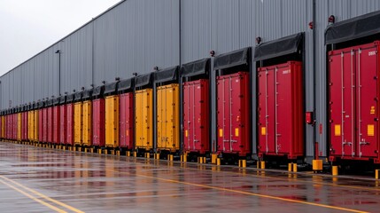 Fototapeta premium A row of colorful delivery trucks parked in front of a large industrial logistics warehouse on a rainy wet day The trucks are lined up and ready to load or unload goods cargo