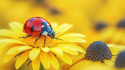 Naklejka premium Ladybug on a Yellow Flower in a Garden