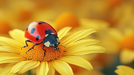 Naklejka premium Ladybug Resting on a Yellow Flower in a Field