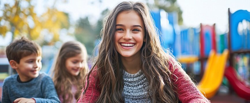 Happy teenage girl with two younger children at a playground.