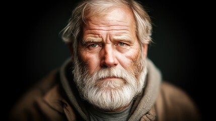 Fototapeta premium A serious elderly man with a gray beard and deep-set eyes, wearing a hoodie against a dark background.
