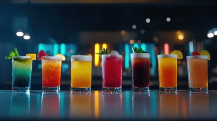 A collection of colorful cocktails lined up on a bar counter under neon lights