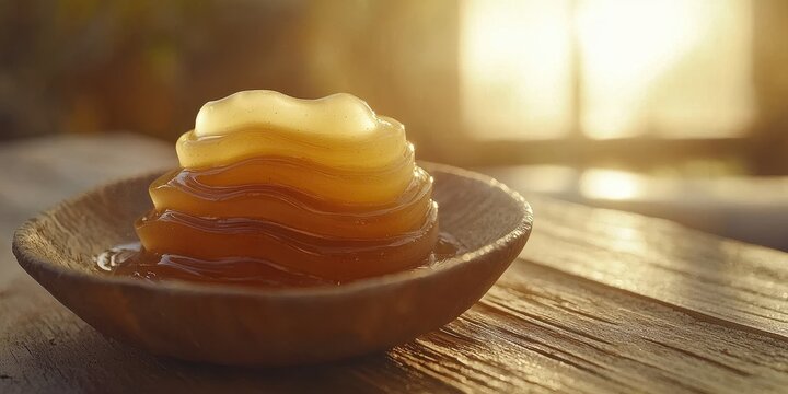 A detailed close-up of glowing aamras served in a small bowl, with droplets of mango pulp glistening on the surface. The smooth texture and bright yellow hue make it look refreshing and delicious 