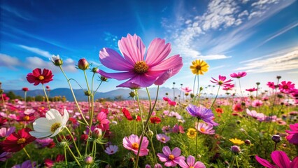 Field of vibrant cosmos flowers in various colors swaying gently in breeze under clear blue sky on sunny day, open fields, floral field