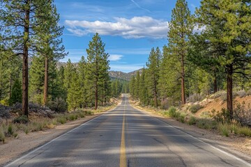 Naklejka premium A deserted road flanked on both sides by pine forests under a blue sky.