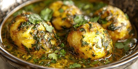 A detailed close-up of glowing gatte ki sabzi, with soft gram flour dumplings cooked in a rich, spicy yogurt-based curry, garnished with fresh coriander. The smooth texture of the curry contrasts 