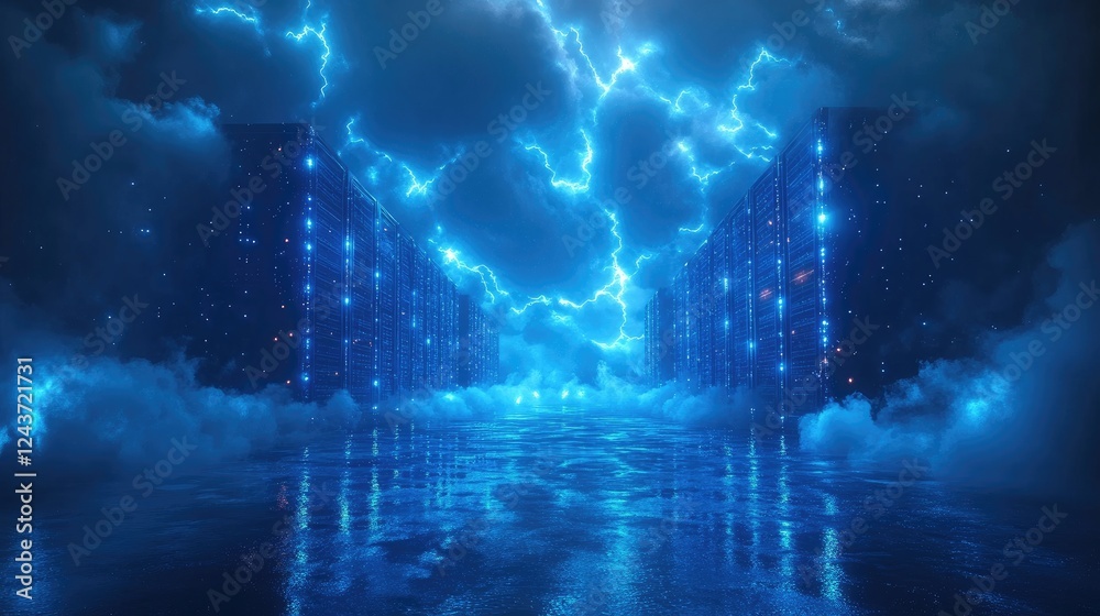 Aufkleber futuristic data center surrounded by glowing blue lightning and clouds, perfect for illustrating adv