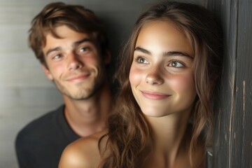 A young couple smiling, with the woman in front and the man slightly behind, against a wooden background.