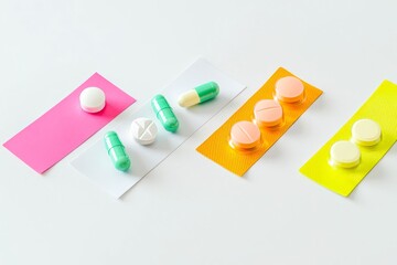 Arrow sticky notes with medication on white.
