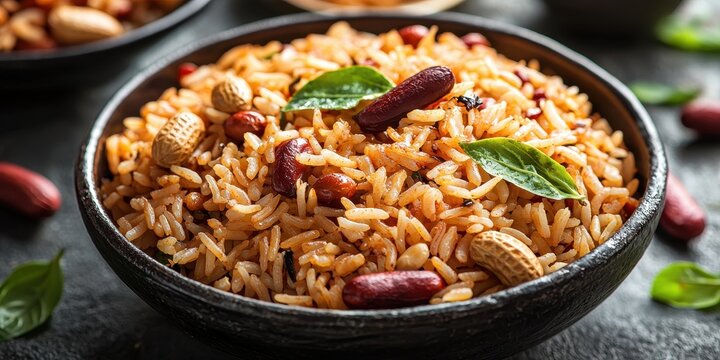 A detailed close-up of glowing puliyodarai (tamarind rice), with roasted peanuts, curry leaves, and tamarind pulp glistening on the surface. The vibrant yellow rice enhances the dish&rsquo;s rich 
