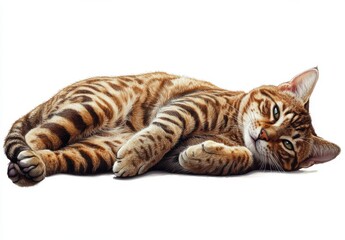 Fototapeta premium Adorable domestic cat lying on its side with striking stripes and a calm expression, showcasing its soft fur and playful nature in a serene setting