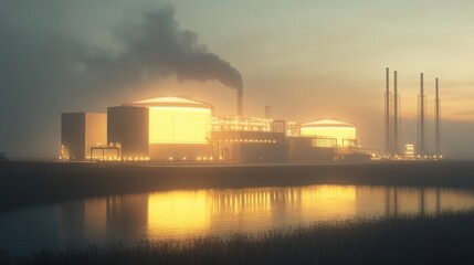 A foggy industrial facility with glowing structures and smoke, reflecting on the water.