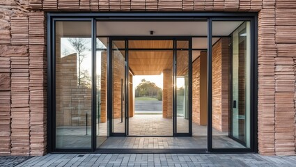 Modern building entrance with transparent glass doors and textured brick walls highlighting contemporary urban architectural design.