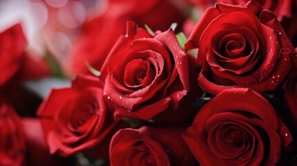 Obraz premium Close-Up of Beautiful Red Roses in a Bouquet Highlighting Their Velvety Petals with Dew Drops for a Romantic or Floral Theme