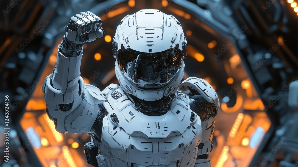 Poster a futuristic astronaut in a high-tech environment, showcasing advanced space exploration gear.