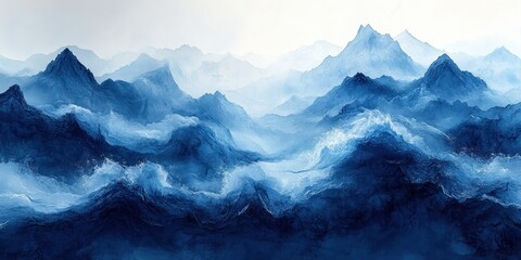 Fototapeta premium Abstract Ocean Waves Watercolor Art Blue White Gradient Background Fluid Texture