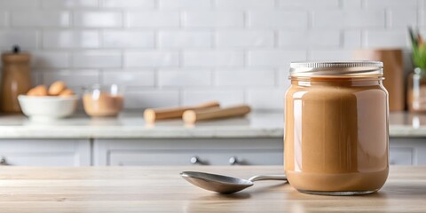 A peanut butter jar placed on a plain white background with a blurred kitchen utensil in the corner , condiment