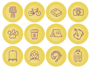 Fototapeta premium Yellow Icon Set Featuring Various Hobbies and Activities Symbols