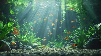 A peaceful aquarium with lush aquatic greenery, natural rocks, and a serene school of fish