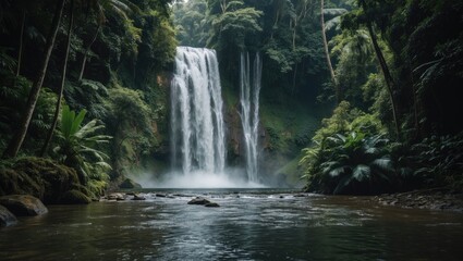 Fototapeta premium Majestic Waterfall Cascading Through Lush Jungle Surrounded by Vibrant Tropical Foliage and Serene Water Reflections