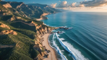 Naklejka premium Stunning Aerial View of Dramatic Coastal Landscape with Waves and Lush Green Cliffs Under a Bright Sky