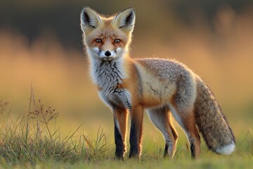Fototapeta premium A majestic red fox stands alert in a sunlit meadow, surrounded by soft grass and a blurred golden background, evoking tranquility