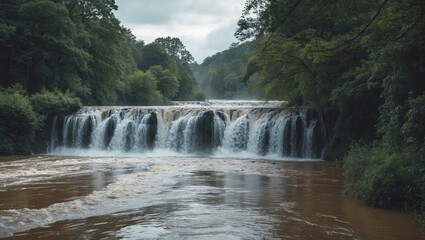 Fototapeta premium A Serene Waterfall Cascading Beside a Flooded Road Surrounded by Lush Greenery with Space for Text Overlay