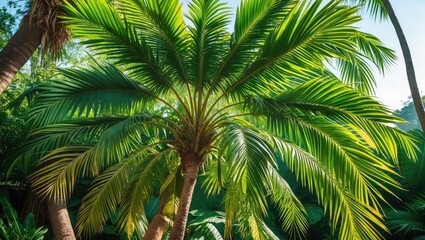 Fototapeta premium Lush Green Palm Tree Leaves Captured in a Sunlit Jungle Ideal for Summer Themes and Graphic Design Projects.