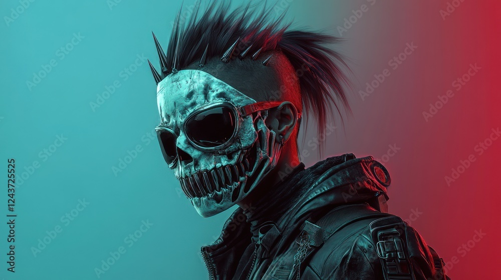 Poster A futuristic character with a skull mask and spikes, embodying a cyberpunk aesthetic.