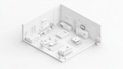 Isometric White Minimalist Room Interior Design 3D Model Rendering