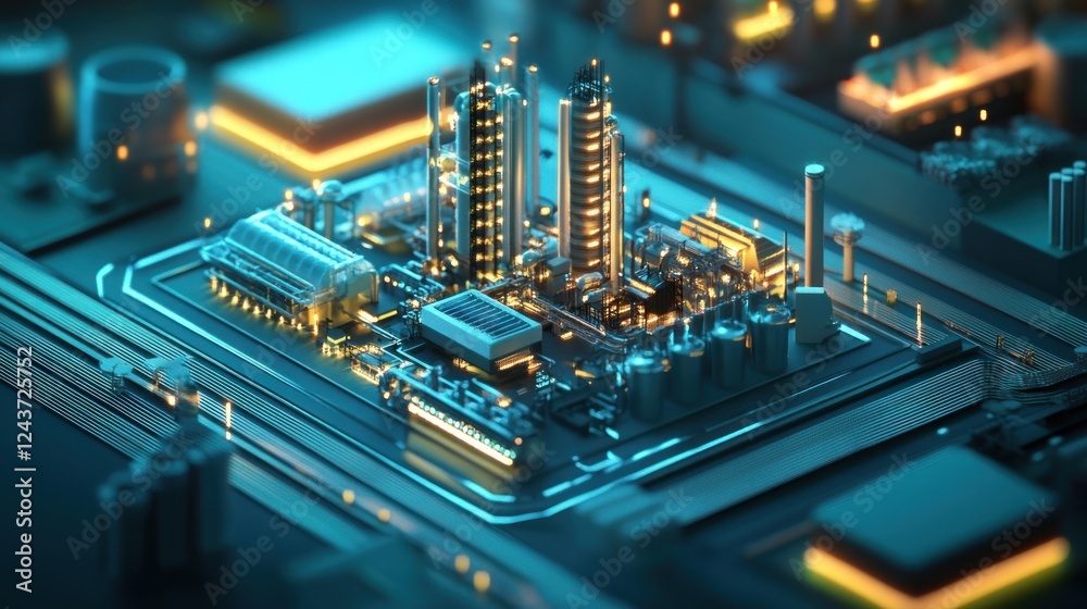 Aufkleber a futuristic cityscape with illuminated buildings and circuitry design.