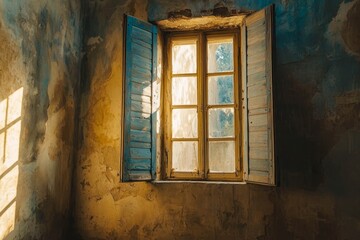 Obraz premium Close up front view of an ancient window with closed wooden shutters.