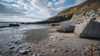 Coastal Landscape with Rocky Shoreline and Clouds Reflecting in Water Under Bright Sky